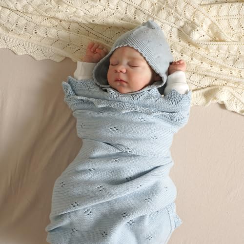 Image of mimixiong Cotton Baby Blanket Knitted Crochet Receiving Crib | Nursery Swaddling Blankets for Newborn Baby Boy Girl LightBlue 30x40 Inch