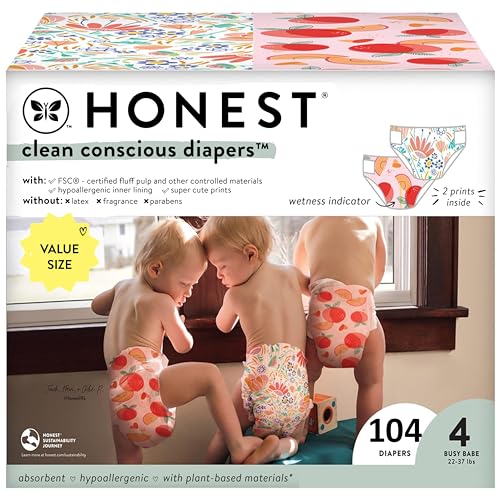 Image of The Honest Company Clean Conscious Diapers | Plant-Based, Sustainable | Just Peachy + Flower Power | Super Club Box, Size 4 (22-37 lbs), 104 Count