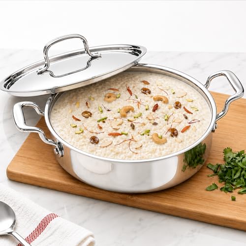 Image of SOLARA Triply Stainless Steel Short Casserole with SS Lid, 28 cm, Tri-Ply Heavy Bottom Cooking Pot with Cast Steel Handles, Induction & Gas Compatible