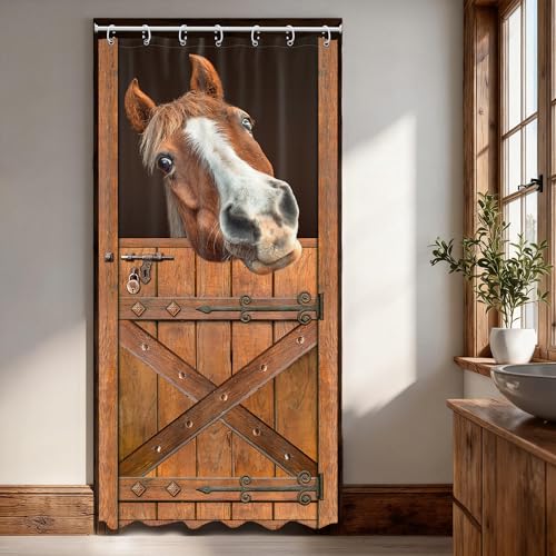 Ufeela Kleiner Stall Western Horse Duschvorhang, lustig, rustikal, Wohnmobil, Bauernhaus, Scheunentür, Duschvorhang, halber Bauernhof, Tierholz, schmal, 91 x 183 cm (B x L), Badezimmer-Set,