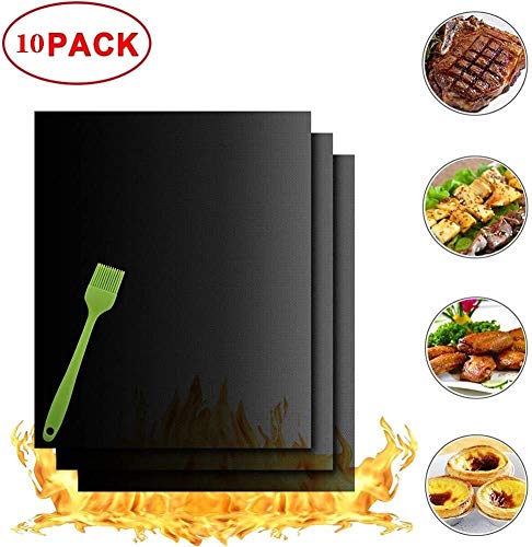 BBQ Grillmatte 10 Stück BBQ Grill Mat Set, Non-Stick Barbecue Backe Gittermatten mit Grill-Bürste for Kohle, Gas oder Elektrogrill - leicht zu