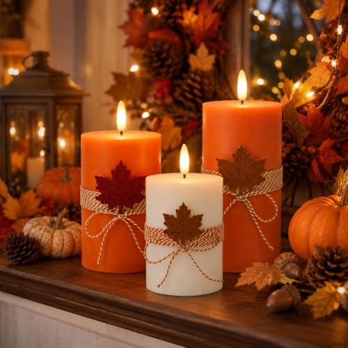 Image of Real Wax Flameless Candles 4 inch 5 inch 6 inch Set of 3 Indoor Outdoor Pillars Battery Operated Flickering Candles 3D Wick with Remote for Fall Decor Thanksgiving Day