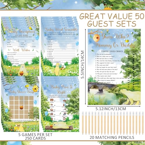 Image of Patelai 321 Pcs Baby Shower Games Supplies, 5 Sets (50 Cards Each) Activities Cards with 20 Pencils 1 Don't Say Baby Sign 50 Clothespin(Honey)