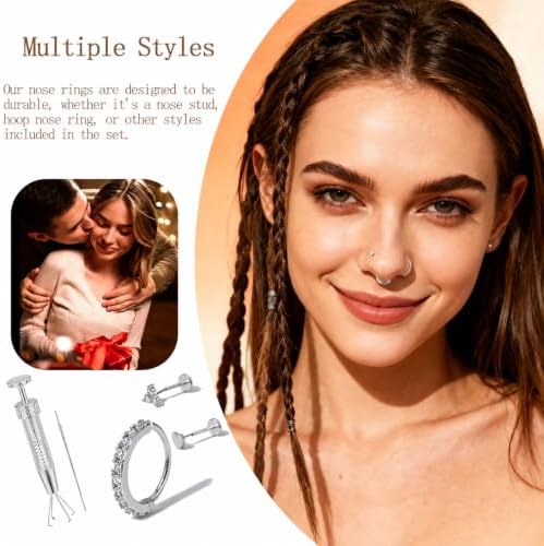 20G Nose Rings Hoops And Studs For Women Men, 15PCS Hypoallergenic Stainless Steel Nose Hoops Sliver Plated Nose Rings, Push in Threadless Flat Back Earrings, CZ Helix Tragus Lip Cartilage Nostril Piercing Jewelry With Piercing Ball Grabber Tool — view 7