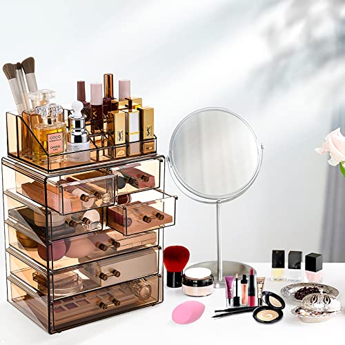 Comvtupy Clear Makeup Organizer With Brush Holder, Large Acrylic Cosmetic Display Jewelry & Make Up Organizers And Storage For Vanity, Bathroom (3 Large, 4 Small Drawers, Brown) #TOP5