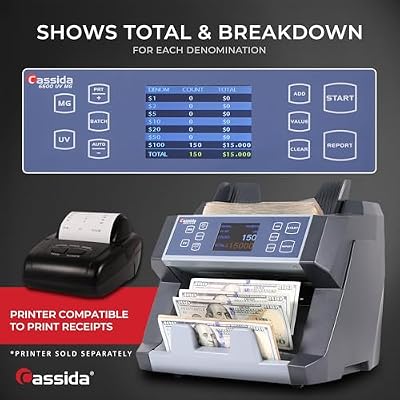 Cassida 6600 UV/MG USA Business Grade Money Counter with UV/MG/IR Counterfeit Detection Top Loading Bill Counting Machine w/ValuCountTM, Add and Batch Modes Fast Counting Speed 1,400 Notes/Min