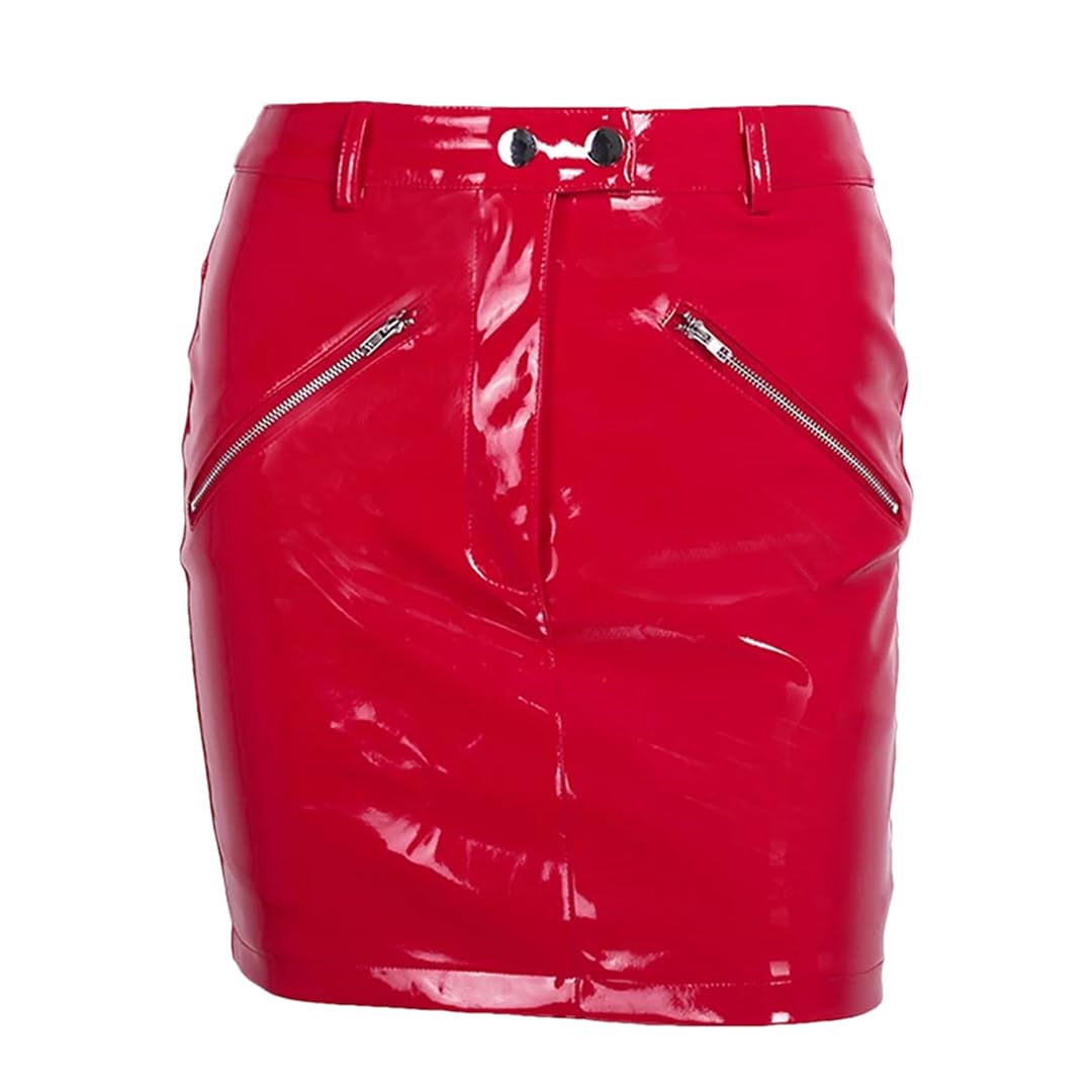 Minifalda corta de cuero para mujer, cintura alta, con cremallera, delgada, acampanada, de poliuretano, para discoteca