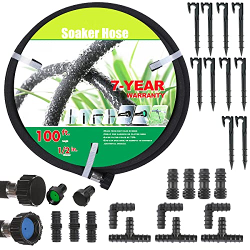 AEACUS Soaker Hose 1/2 inch x 100FT,Garden Hose With Fittings,Heavy Duty Soaker Hose-Saves 70% Water For Lawn(100FT).