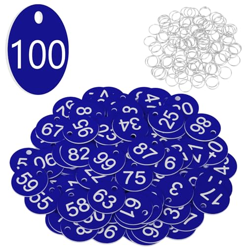 Image of Flintronic 100 PCS Plastic Number with Key Rings, Engraved Numbered Tags, Plastic ID Tag Table Numbers, Discs Number-Tags for Office, Hotel, Mailbox, Dormitory (1-100, Deep Blue)