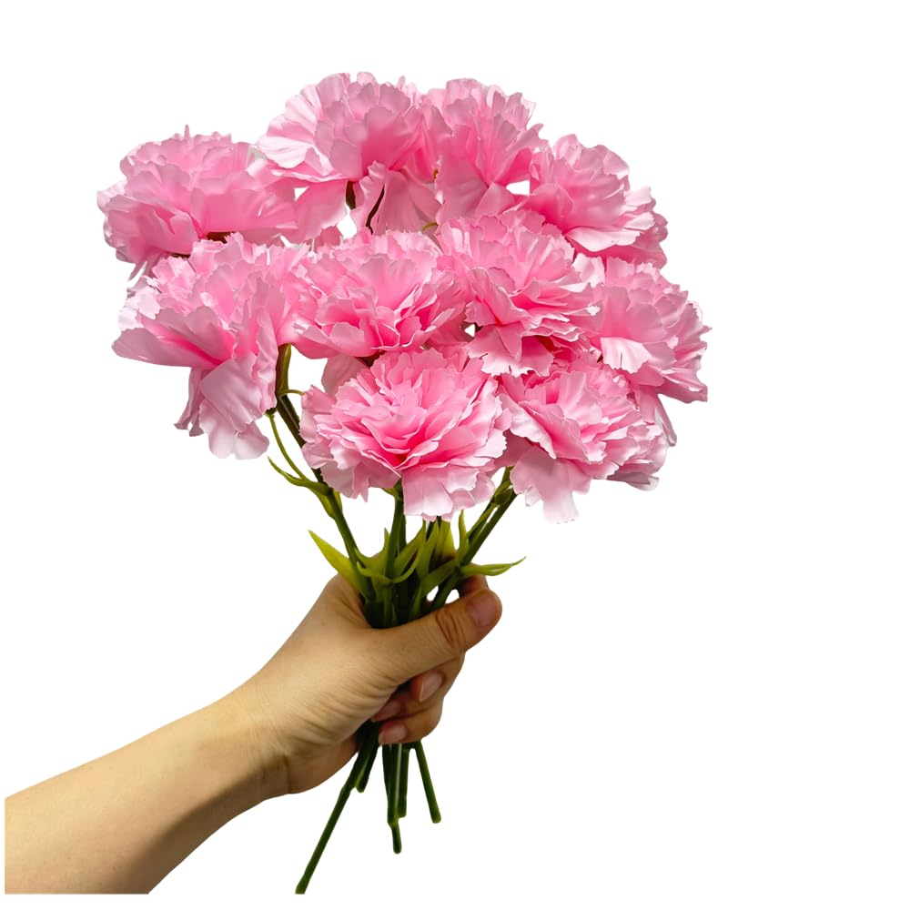 Rikyo Pink 11 Inch Bouquets 10 Stem Carnations,Outdoor No Fade Artificial Flower,Mini Carnation Silk Petals Fake Flowers Forever Plants For Home Party And Wedding Holding Flowers (Pink)