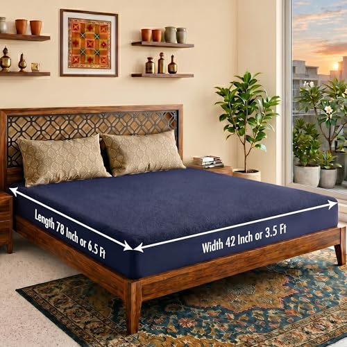 Image of Lithara Terry Cotton Fitted Mattress Protector for Single Bed | Waterproof & Elastic Band | Ultra Soft & Hypoallergenic Mattress Cover | Size : 42 x 78 Inches (3.5 x 6.5 Feet) | (Navy Blue)