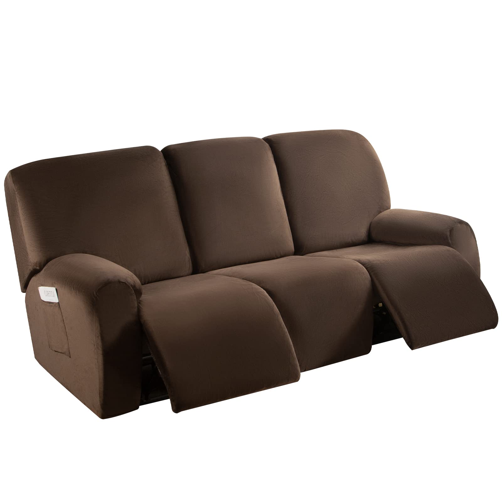 Topchances Recliner Chair Cover 3 Seater - Super Soft Velvet Stretch Recliner Couch Covers Sofa Chair Slipcover with Side Pocket for 3 Cushion Recliner Sofa for Furniture Protector (Coffee)