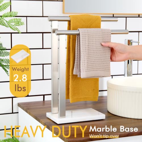 Image of KOKOSIRI Hand Towel Holders Standing Towel Bars 2-Tier with Marble Base for Bathroom Vanity Countertop, Brushed Stainless Steel 15.7'' Height THS0007-BR