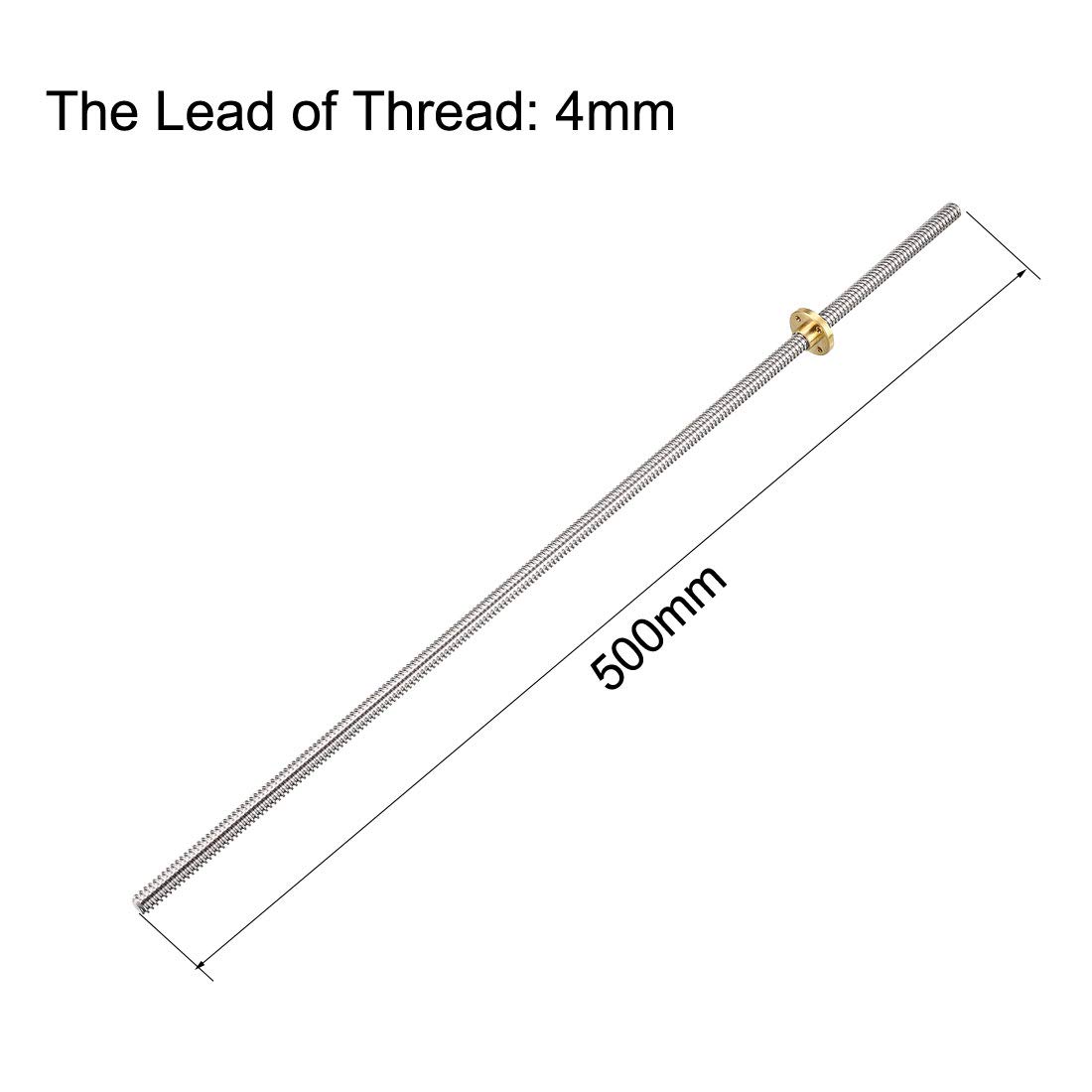 uxcell 500mm Length T8 8mm Dia Lead Screw Rod,4 Lead Stainless Steel Lead Screw Rod with Copper Nut Trapezoidal Thread for 3D Printer Z Axis