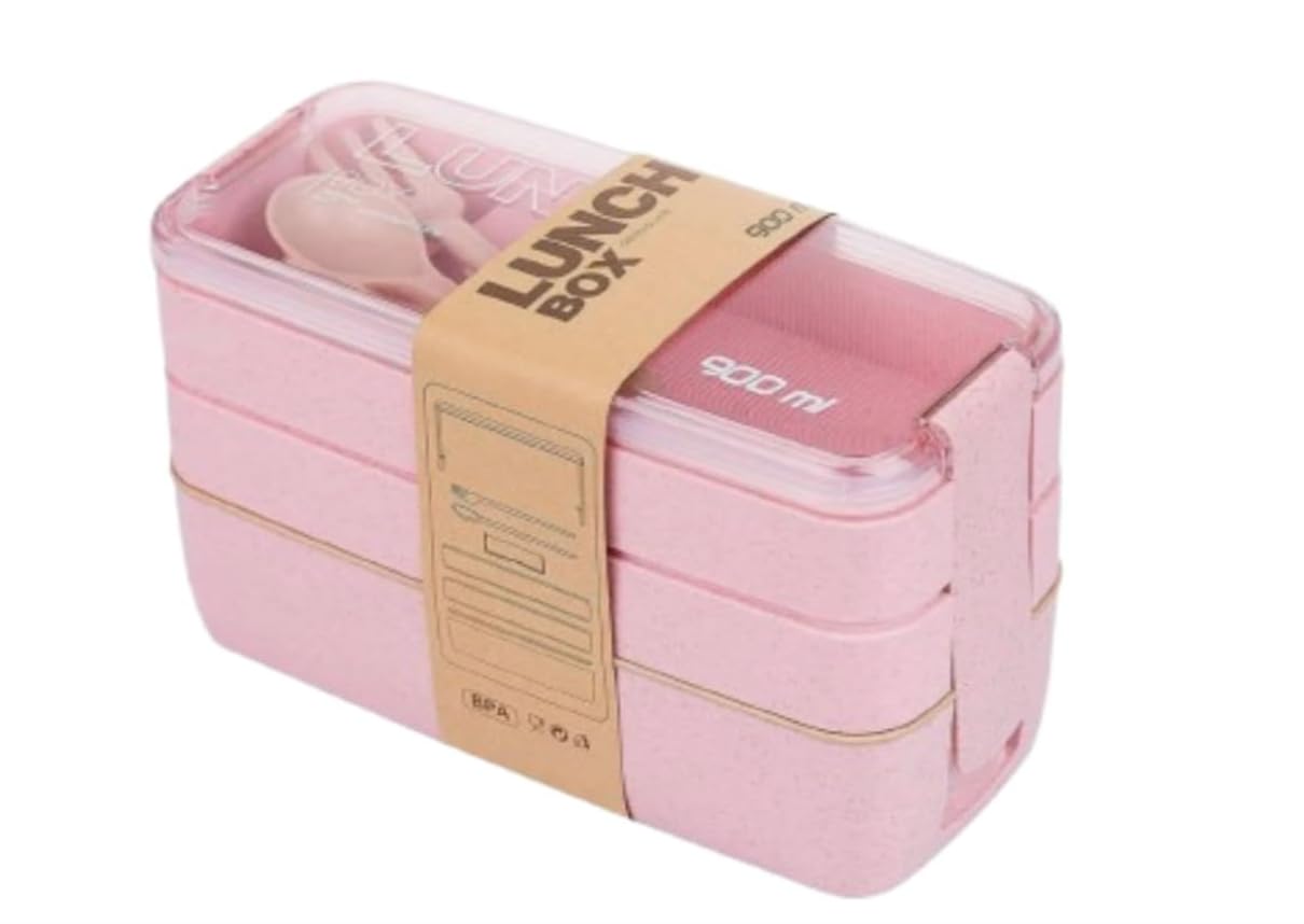 CUTLERIA Bento Lunch Box | Japanese Lunch Box Kit with Spoon & Fork | 3-in-1 Compartment Meal Prep Containers for Kids & Adults (Pink)