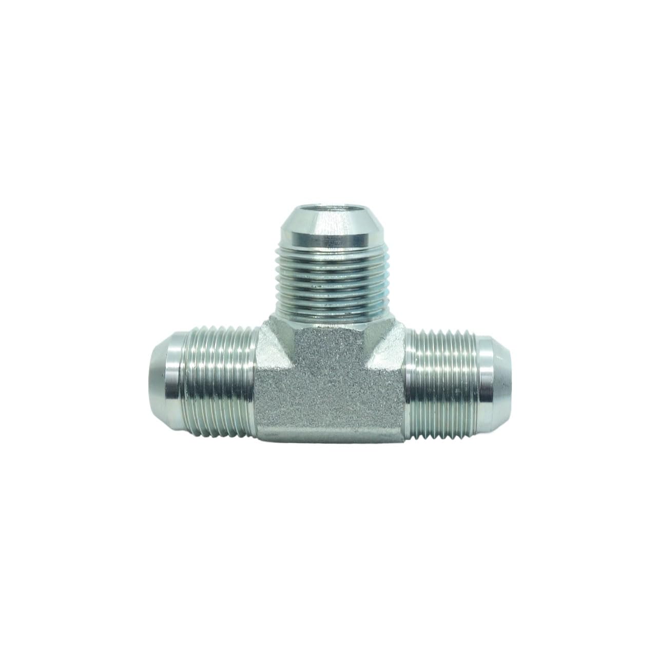 1 Piece Hydraulic 3/4" JIC (1-1/16"-12) 37° Flare Union Tee, JIC Male x JIC Male x JIC Male T Adapter Steel Plated