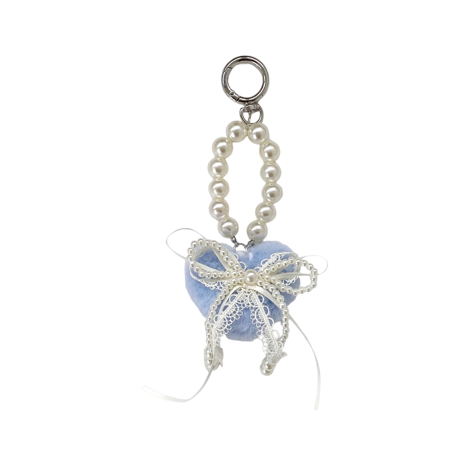 Buxuaaaa Lovely Heart Shaped Plush Keychain with Lace Pearls Detail, Decorative Bowknot Bag Charm for Women Girls Gift Plush Bowknot Pendant