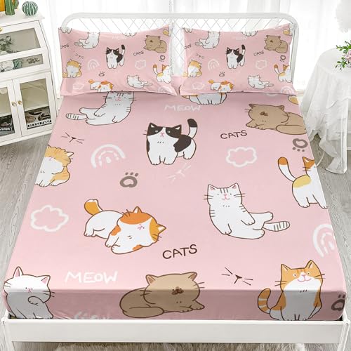 Cute Cat Printed Fitted Sheet Set Full 3Pcs for Kid Boy Girl Teen Adult