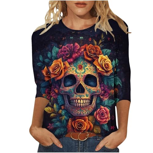 Mexican Day of Dead Shirts for Women Día De Los Muertos T-Shirts Fall 3/4 Sleeve Tunic Tops Crewneck Pullover Blouse