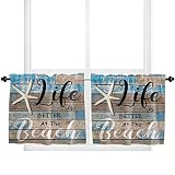 Life is Better at The Beach Tier Curtains 24 Inch Length, Cute Starfish Wooden Board Stripe Rod Pock