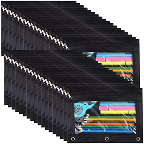 YoeeJob 36 Pack Zipper Pencil Pouch for 3 Ring Binder with Clear Window for School and Office Supplies (Black)