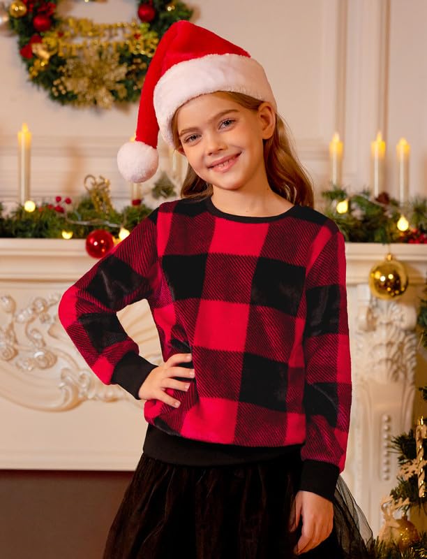 BesserBay Kids Christmas Black and Red Buffalo Plaid Fuzzy Fleece Pullover Casual Warm Sweatshirt 6-14 Years3