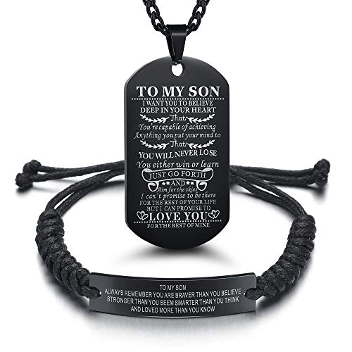 Set of 2 Gift to Son from Mom and Dad You Will Never Lose Customized Dog Tag Necklace with Adjustable Bracelet Braided for Graduation Birthday Valentines Gifts(Stainless Steel, Black)