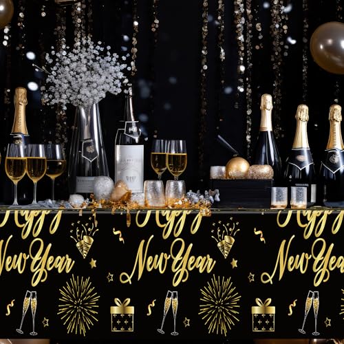 Image of 3 Pack New Years Eve Tablecloth, 108 x 54 Inches Disposable Plastic NYE Table Cover 2026, Rectangle New Years Tablecloth with Black Gold Firework Design, Waterproof Table Cover for Nye Party Supplies