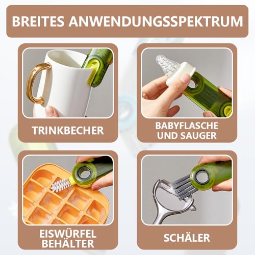 Funalix 3 Stück 3-in-1 Multifunktionale Silikon-Reinigungsbürste für Flaschen, Becherdeckel & Strohhalme | Spaltreinigungsbürste für Thermosflaschen, Trinkflaschen & Tassendeckel (Grün, Blau, Grau)