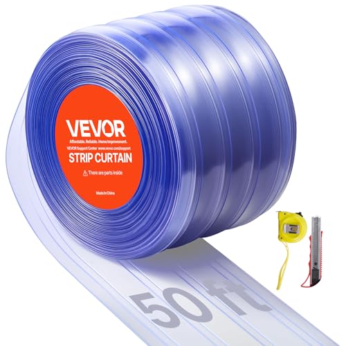 VEVOR Clear PVC Strip Curtain 50 ft Length x 8 in Width Ribbed Plastic Door Strip Bulk Roll Walk in Freezer Cooler Curtain Strips for Doorways of Supermarket Garage Warehouse Pet Animal House