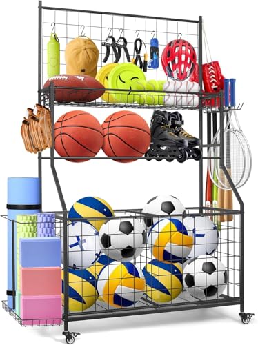 Rumizira Sports Equipment Organizer Garage Ball Storage Rack with Basketball Rack with Hooks and Rolling Wheels Cart (BLACK)