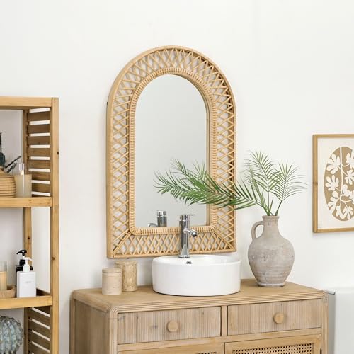 Image of Arched Rattan Wall Mirror - 24x36 Inch Boho Elegance with Woven Frame, Decorative Mirror for Bathroom Vanity Entryway Living Room