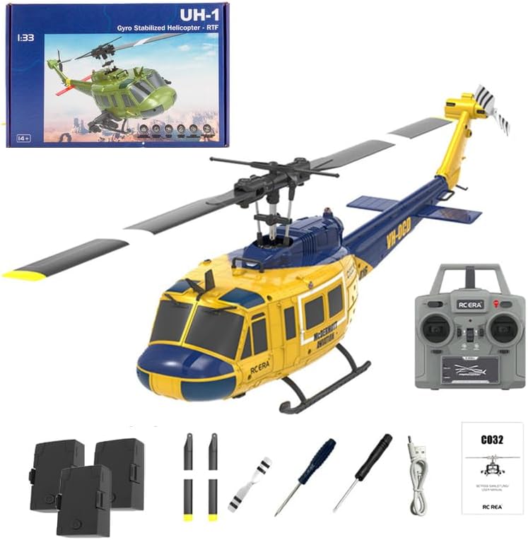 1/48 RC Helicopter for Adults, RC ERA C032 UH-1 Huey 2.4G 6CH Gyro Stabilized Remote Control Aircraft with Altitude Hold & Optical Flow, One-Key Takeoff/Landing