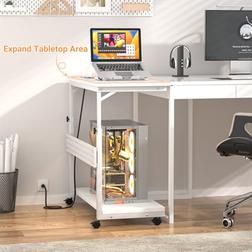 Besiost 32\" Large Computer Tower Stand with Power Strips, 4 Levels Manual Height Adjustable PC Tower Stand for Under Desk, Mobile Rolling CPU Holder Computer Cart with Wheels, Carbon Fiber White