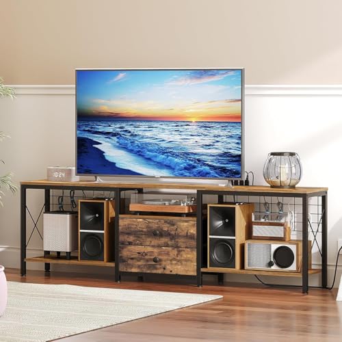 Image of YATINEY TV Stand with Power Outlet Up to 75 Inch, Entertainment Center with 2 Fabric Drawers, TV Console Table with Open Storage Shelves for TVs, Cable Management, for Living Room, Bedroom, DS18UBRY1