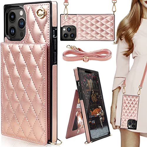 Hoggu Crossbody Iphone 14 Pro Max Case Wallet With Card Holder, Luxury Quilted Flip Leather Iphone 14 Pro Max Crossbody Case With Strap, Kickstand, Protective Square Phone Case For Women Girls-Pink #TOP10