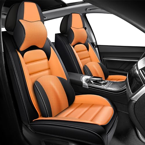 Image of Deluxe Front Covers for Volkswagen Golf SportWagen 2015-2019, Black-Orange | Premium Leather, waterproof full coverage, headrest and lumbar support, non-slip comfort for daily commuting