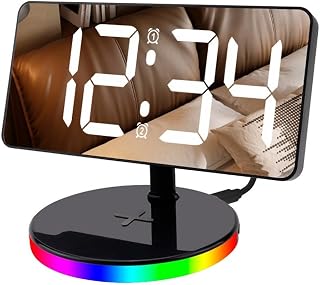 Jonikuper Reloj despertador de carga inalámbrica con luz nocturna RGB y 6 niveles de brillo, pantalla de 12/24 horas, alarma dual y función de repetición para dormitorio, color negro