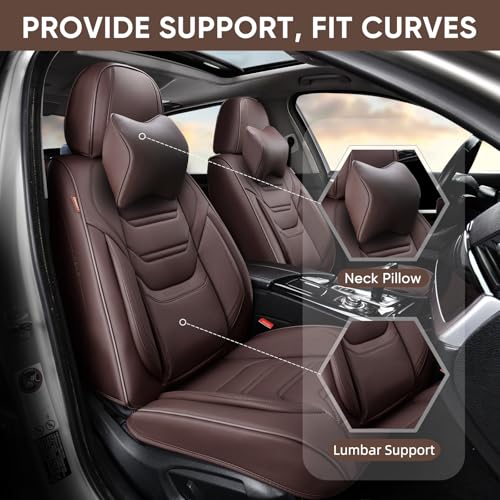 Image of TIEHESYT Coffee Car Seat Covers Full Set, Breathable Leather Automotive Front and Rear Seat Covers with Headrest, Car Seat Protectors Full Set, Compatible with Most Vehicles, SUV