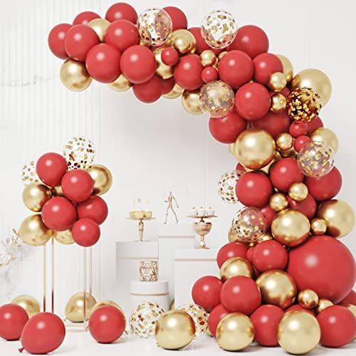 RUBFAC Red Gold Balloons Garland Arch Kit with Gold Confetti Balloons for Celebration, Birthday, Christmas, Valentine's Day Decoration