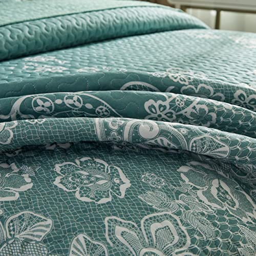 3 Piece Quilt Set Spring Lace Pattern Soft Microfiber Lightweight Coverlet Bedspread Summer Comforter Set Bed Cover Blanket for All Season (Blue, Queen)