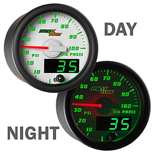 Maxtow Double Vision 100 Psi Oil Pressure Gauge Kit - Includes Electronic Sensor - White Gauge Face - Green Led Illuminated Dial - Analog & Digital Readouts - For Trucks - 2-1/16" 52Mm #TOP4