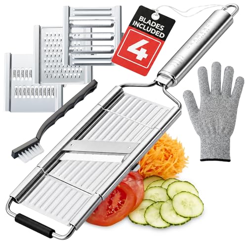 Image of Gramercy Handheld Mandoline Slicer for Kitchen - Stainless Steel Veggie & Fruit Slicer with 4 Blades - Slicer, Julienne & Grater; Cut Resistant Safety Glove & Cleaning Brush Included; Dishwasher Safe