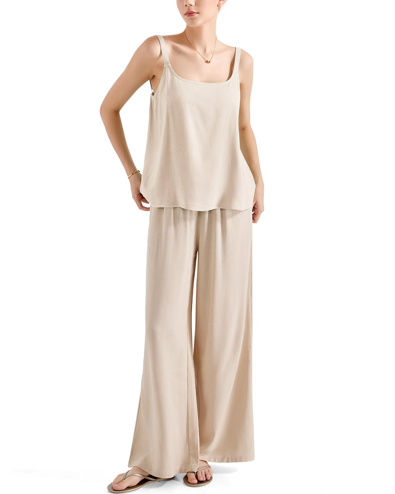 SUUKSESS Women 2 Piece Outfits Linen Pants Set Summer Travel Vacation Matching Sets