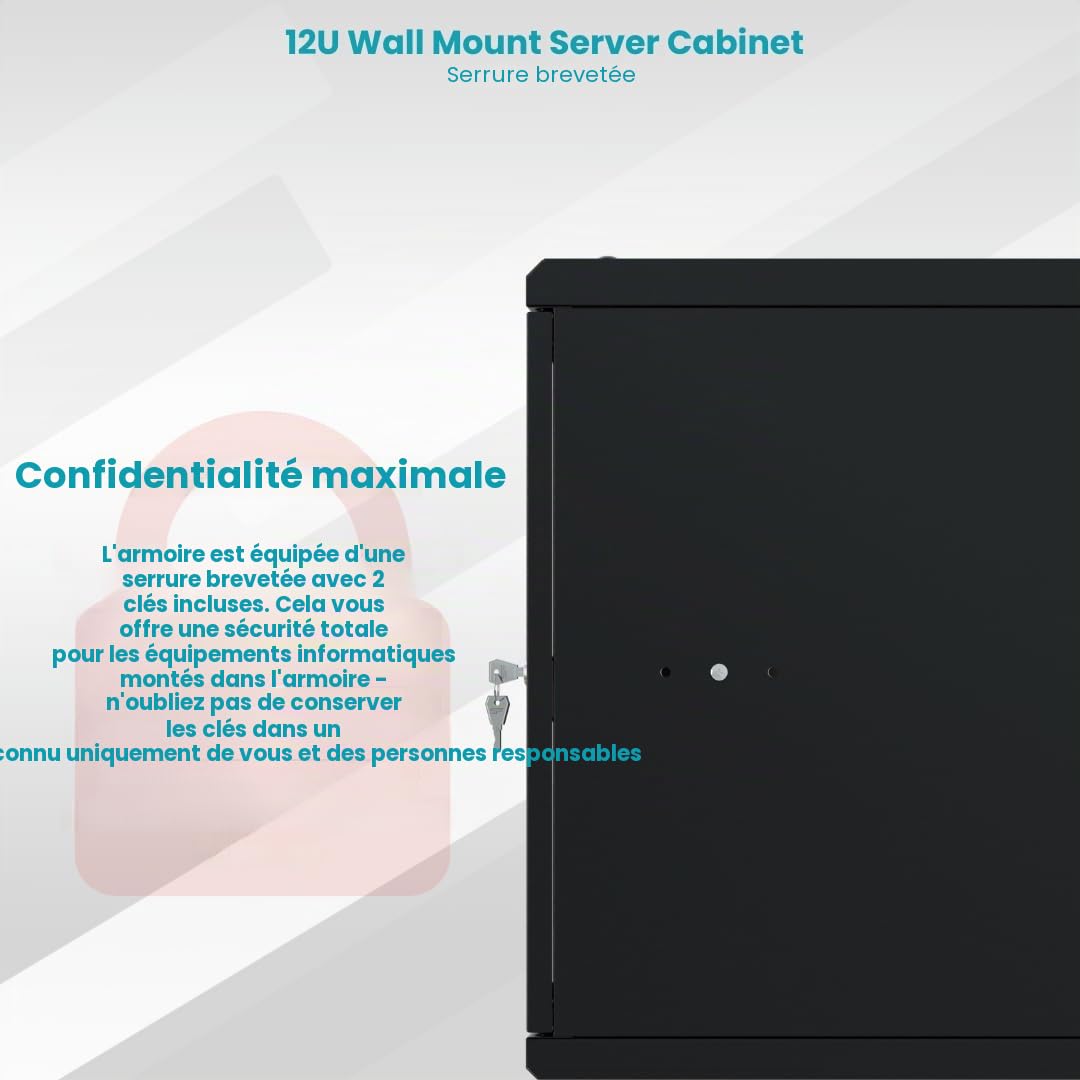 Armoire Réseau 19 Pouces - Baie Informatique 12U - Baie de Brassage pour Montage Mural - Capacité de Charge 55 kg - Profondeur 450 mm - Armoire Informatique - Noir