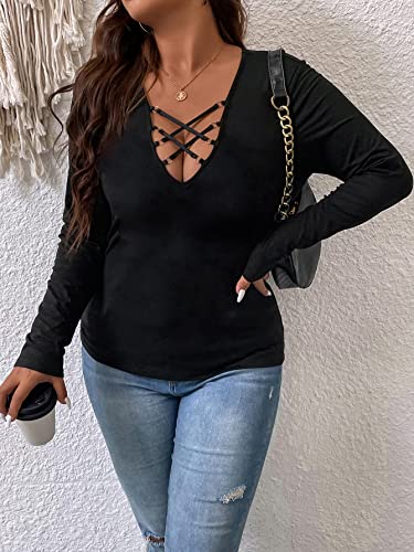 WDIRARA Women's Plus Size Deep V Neck Criss Cross Ring Long Sleeve Sexy Tee Tops4
