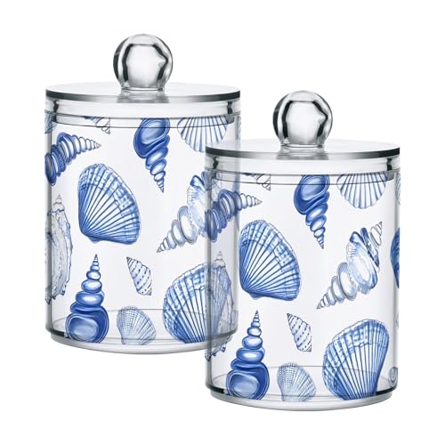 2 Pack Qtip Holder Dispenser for Cotton Ball Blue Seashells Ocean Nautical Coastal Cotton Swab Round Pads Clear Plastic Acrylic Jar Set Bathroom Canister