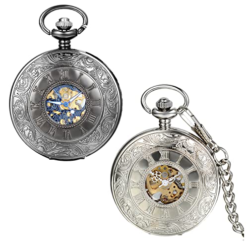 Image of JewelryWe Antique Mechanical Pocket Watch Retro Classic Mechanical Hand-Wind Pocket Watch Steampunk Fob Watch Pendant Watch with Chain, for Father's Day