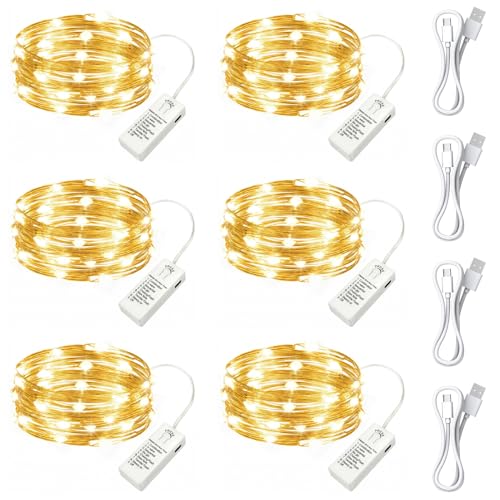 HiC-DecoLite 6 Pack USB Rechargeable Twinkle Fairy Lights with Timer, 7ft 20 LED Waterproof Silver Copper Wire String Lights for DIY Crafts, Mason Jar, Centerpiece, Mini Christmas Tree (Warm White)
