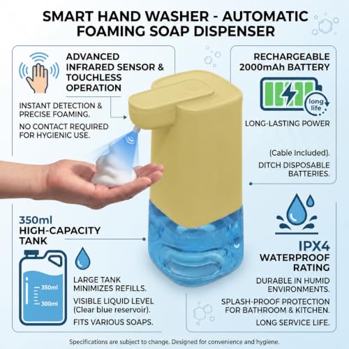Image of Automatic Foaming Soap Dispenser with 200ml Foaming Handwash Refill Included, 350ml Touchless Soap Dispenser, Smart Infrared Sensor,IPX4 Waterproof for Kitchen & Bathroom (Yellow)